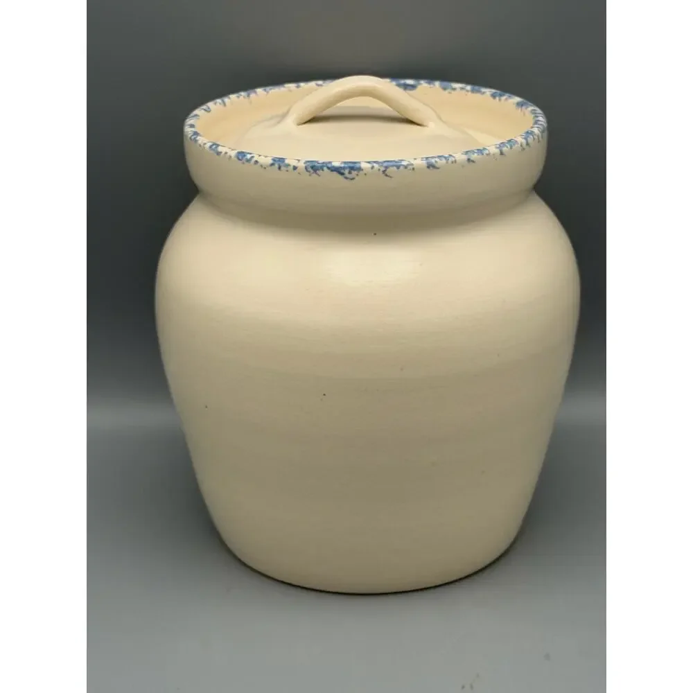Marshall Pottery Texas Blue Floral Stoneware Lidded Crock Canister 8